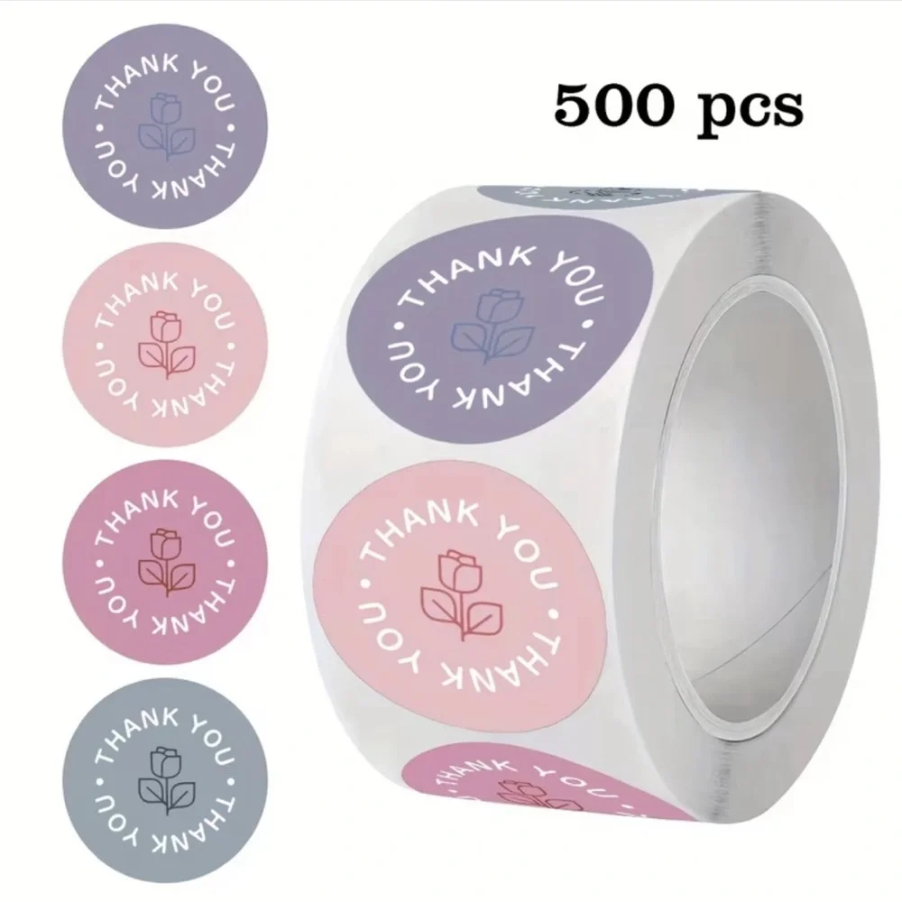 Thank You Sticker Roll 500 - Pink, Blue, Purple, Rose